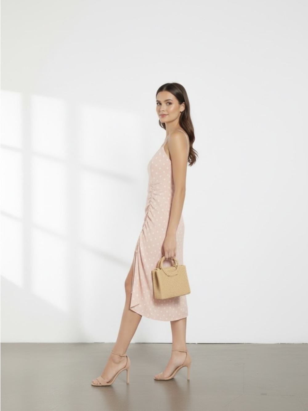 AFRM Pink Polka Dot Ruched Midi Dress - Picture 3 of 5